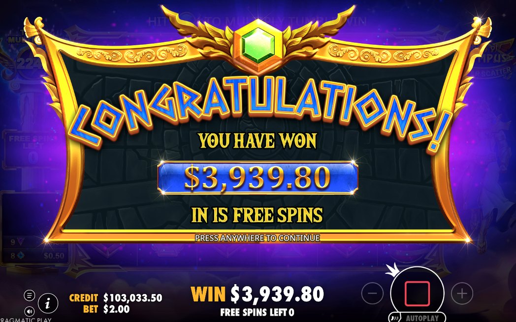 Win screen after tumbles with the multiplier applied