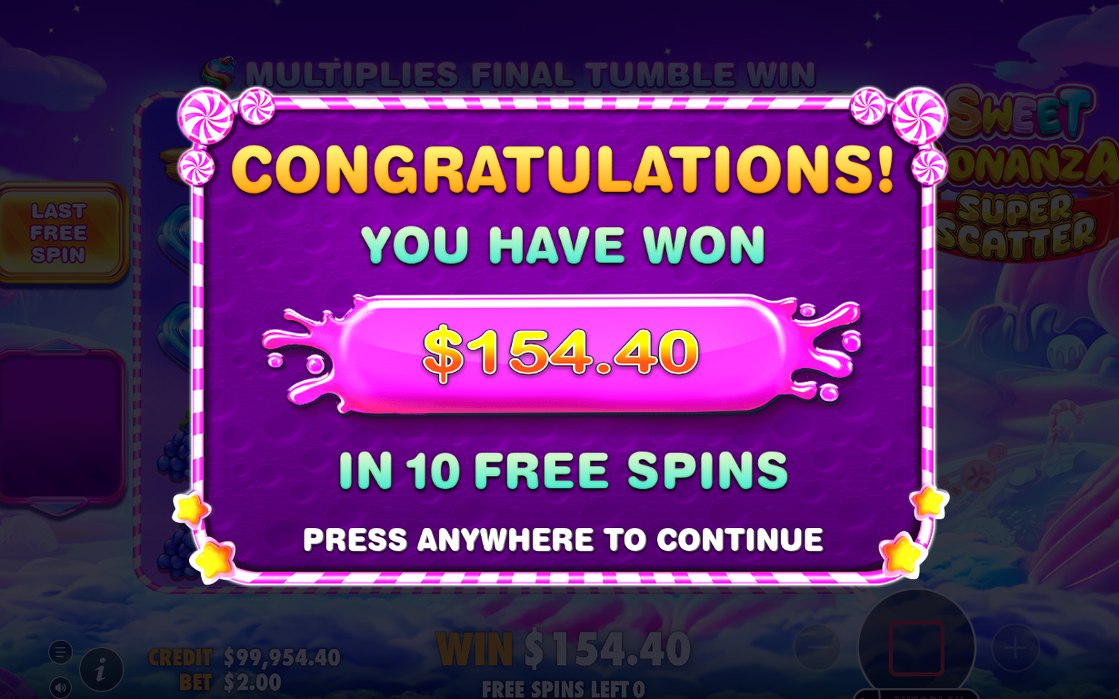 Win screen after a tumble chain on the 6x5 grid